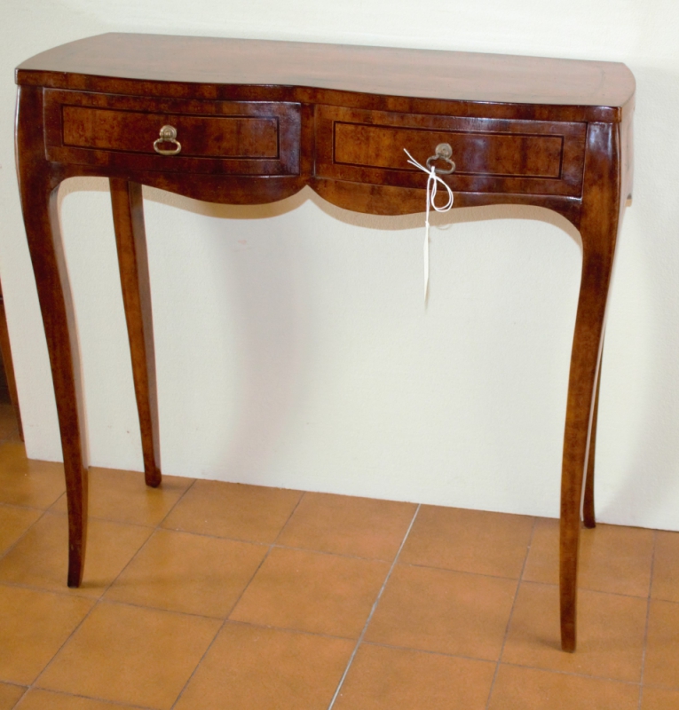 Shaped console in veneered wood with fillets, 2 drawers and saber legs ART CONS 41